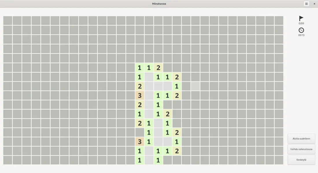 GNOME Mines eli Linuxin miinaharava kesken pelin